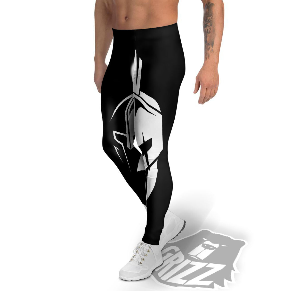 Spartan Helmet White And Black Print Men's Leggings-grizzshop