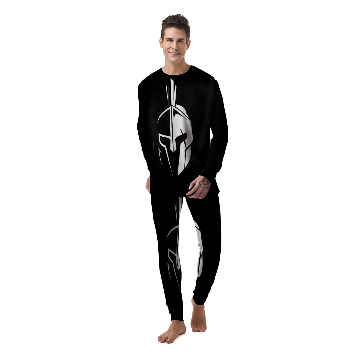 Spartan Helmet White And Black Print Men's Pajamas-grizzshop