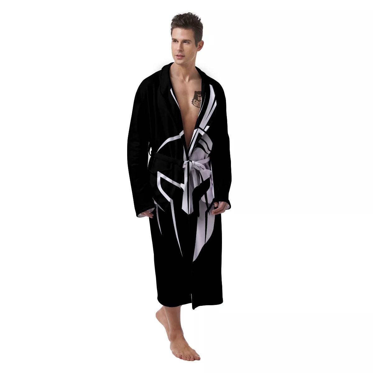 Spartan Helmet White And Black Print Men's Robe-grizzshop