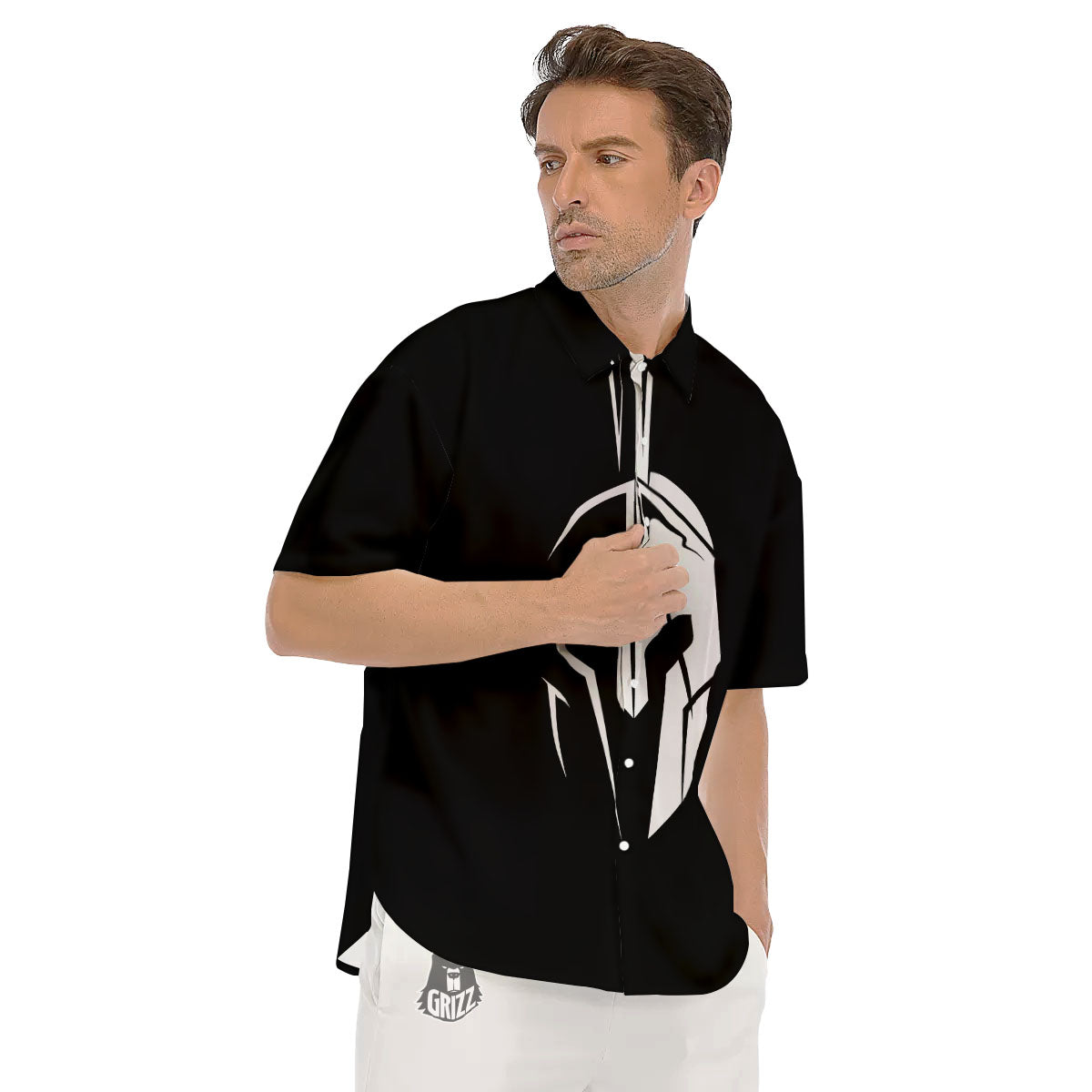 Spartan Helmet White And Black Print Men's Short Sleeve Shirts-grizzshop