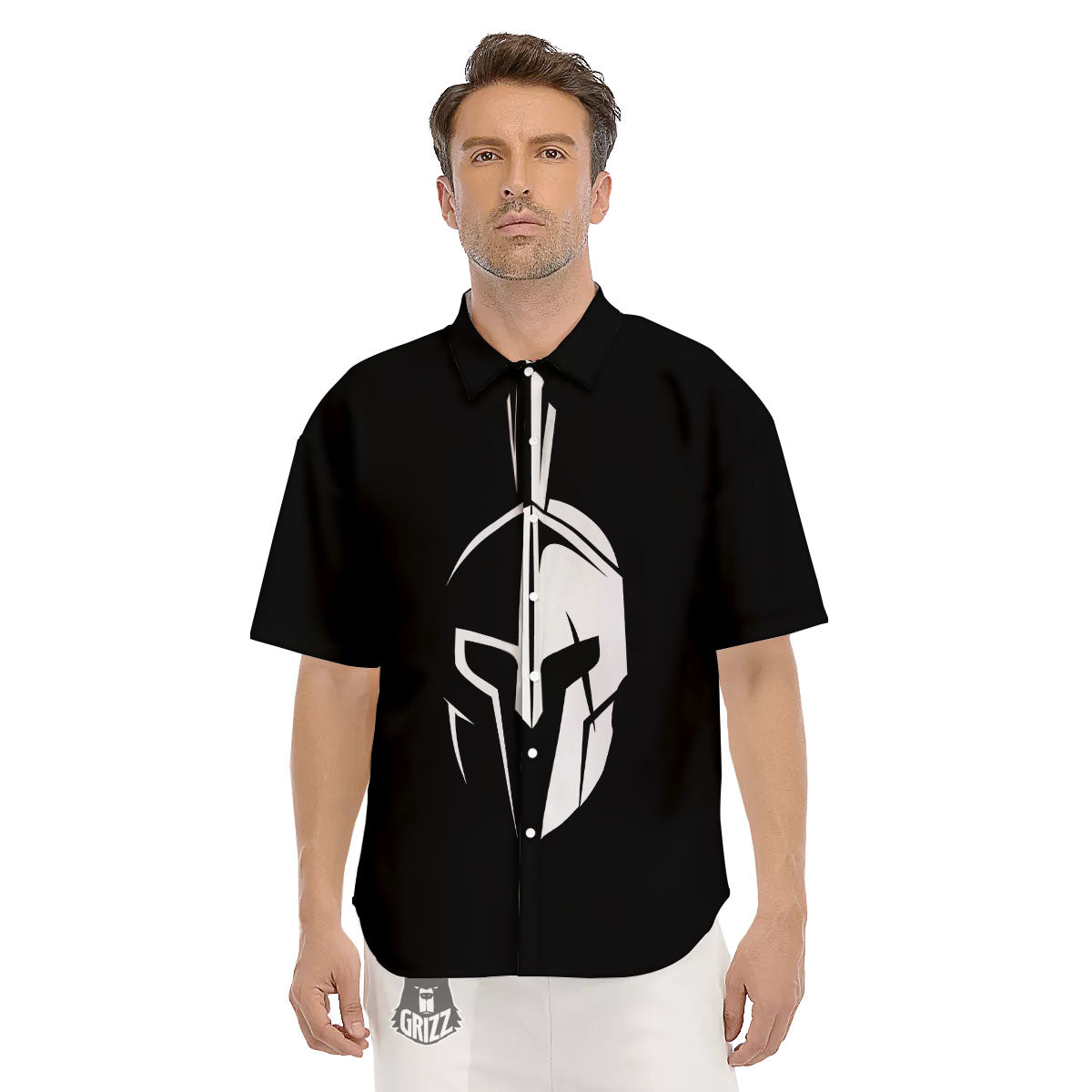 Spartan Helmet White And Black Print Men's Short Sleeve Shirts-grizzshop