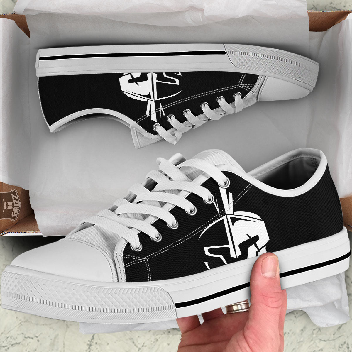 Spartan Helmet White And Black Print White Low Top Shoes-grizzshop