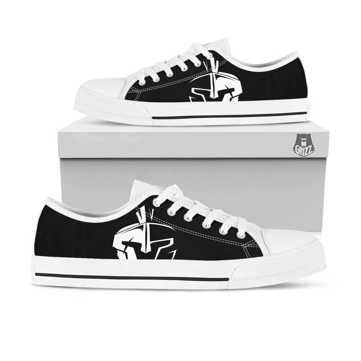 Spartan Helmet White And Black Print White Low Top Shoes-grizzshop