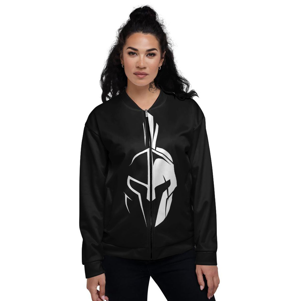 Spartan Helmet White And Black Print Women's Bomber Jacket-grizzshop