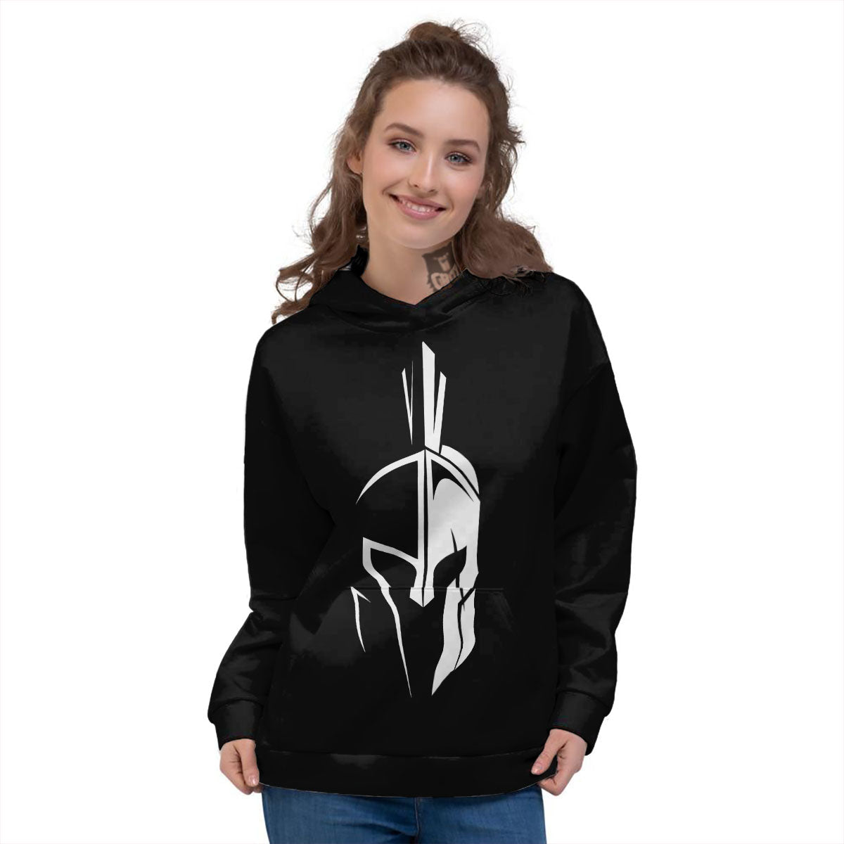 Spartan Helmet White And Black Print Women's Hoodie-grizzshop