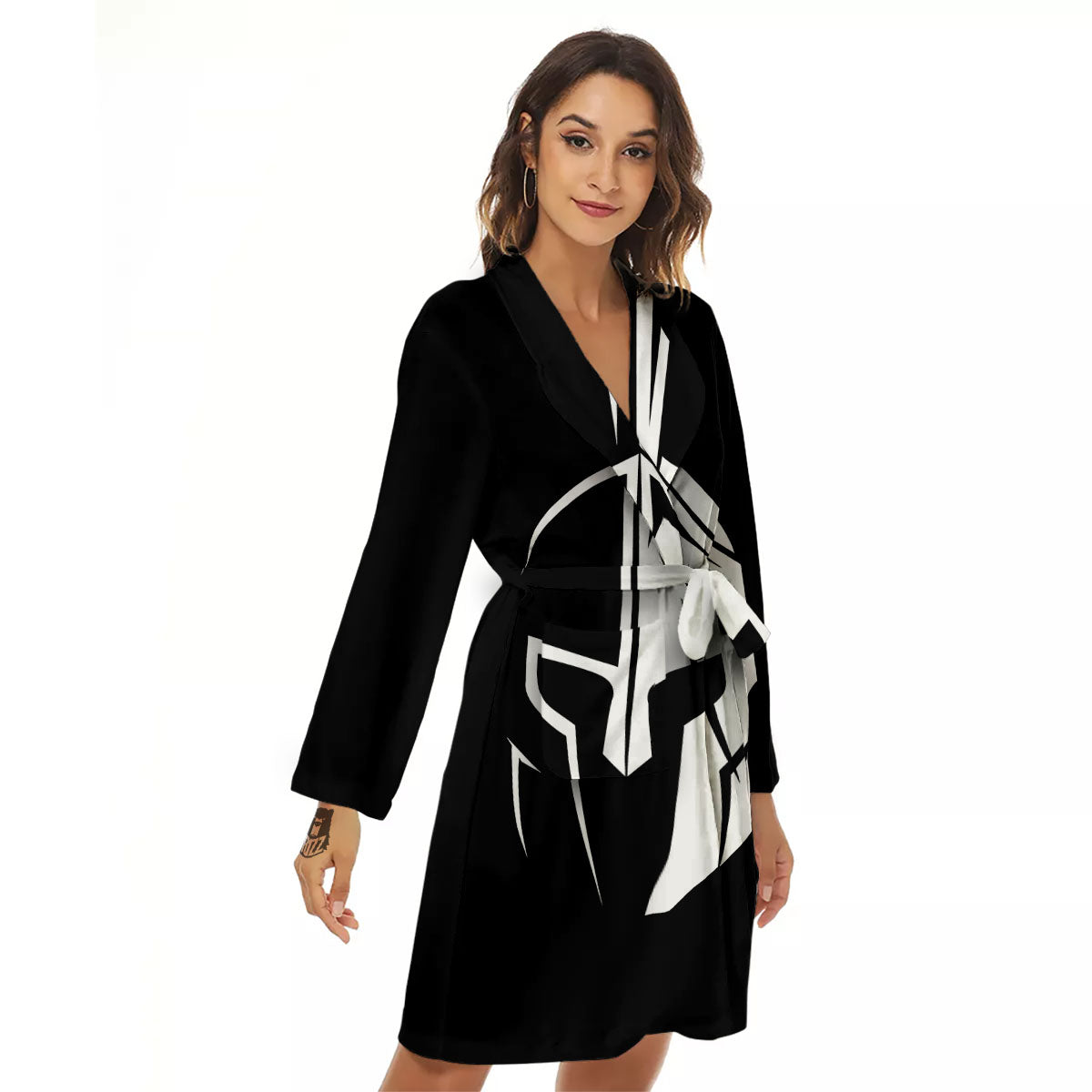 Spartan Helmet White And Black Print Women's Robe-grizzshop