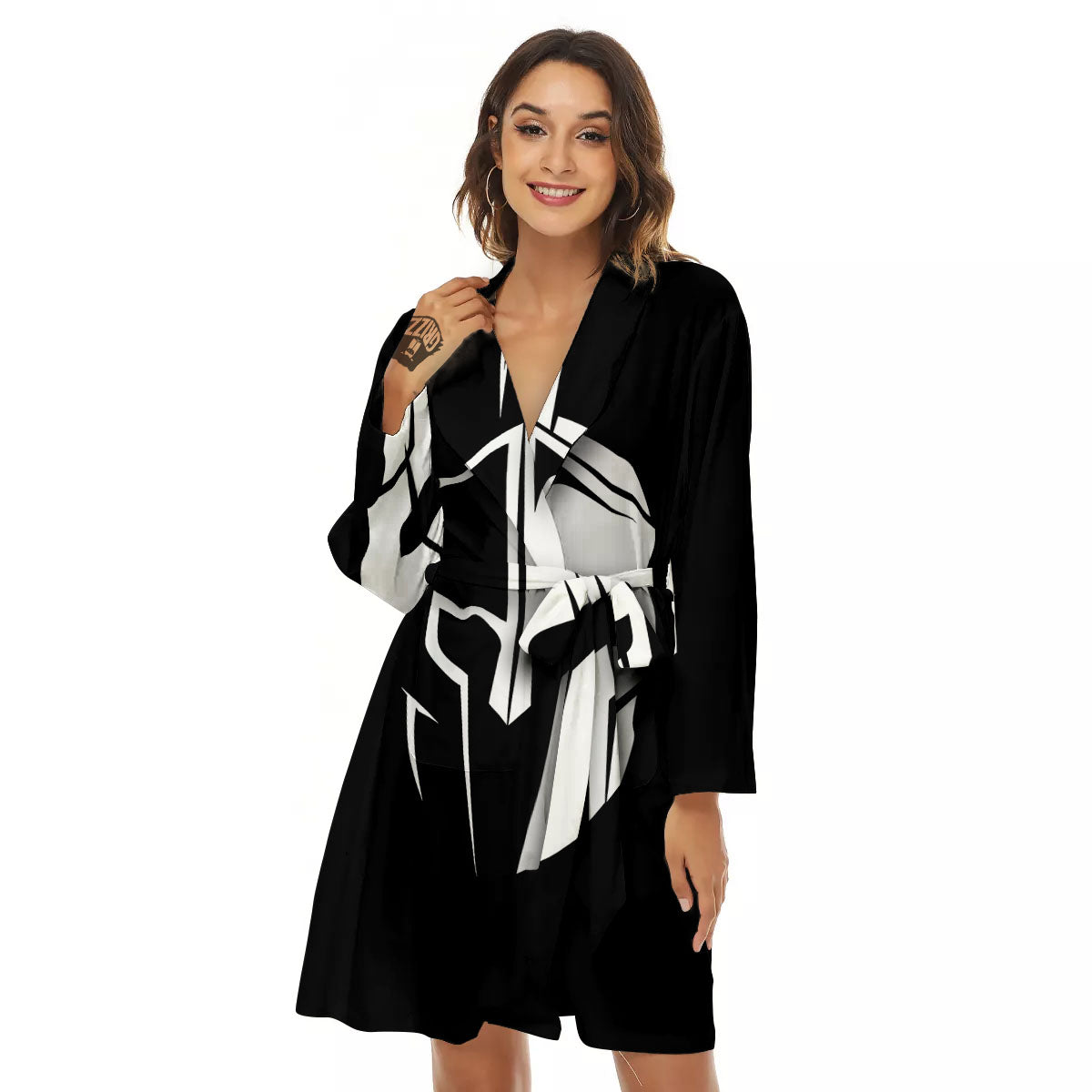 Spartan Helmet White And Black Print Women's Robe-grizzshop