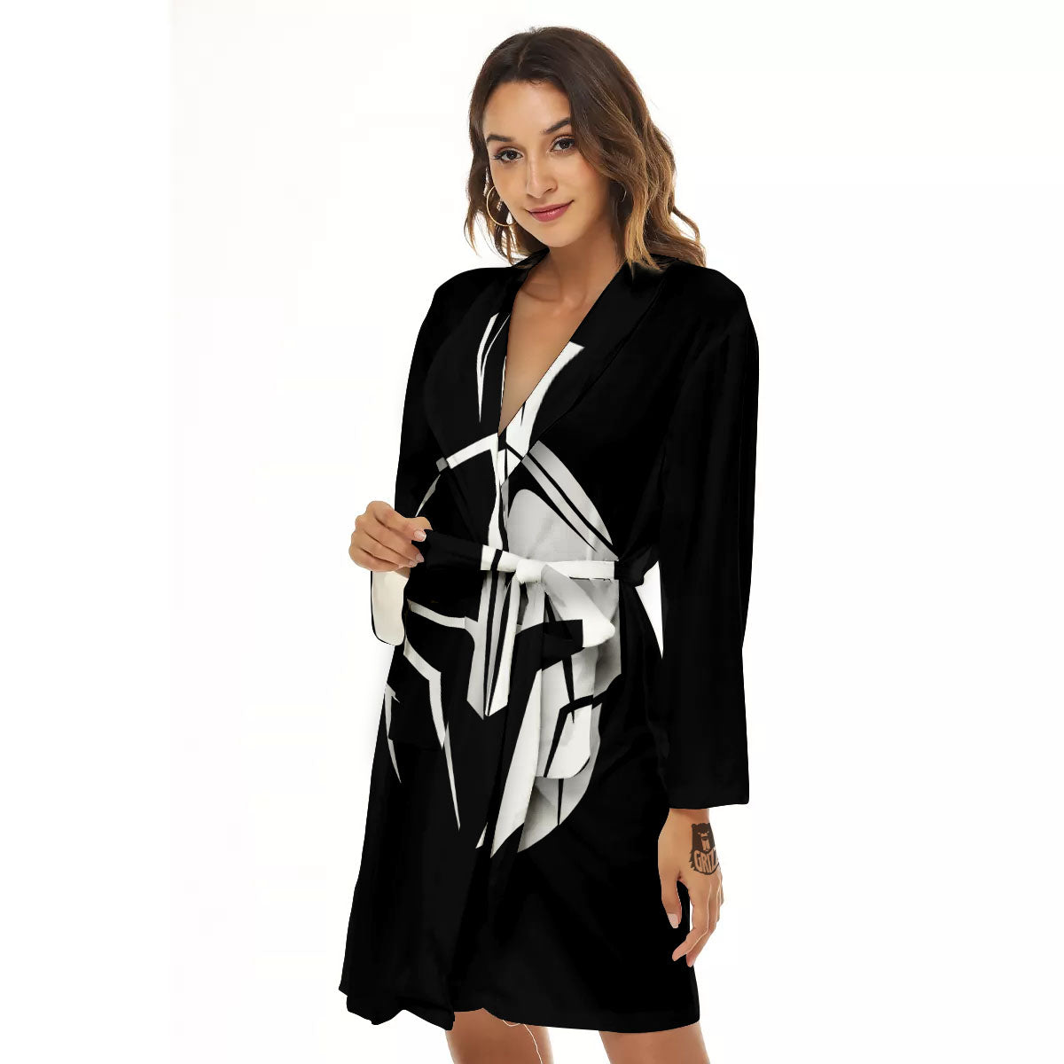 Spartan Helmet White And Black Print Women's Robe-grizzshop