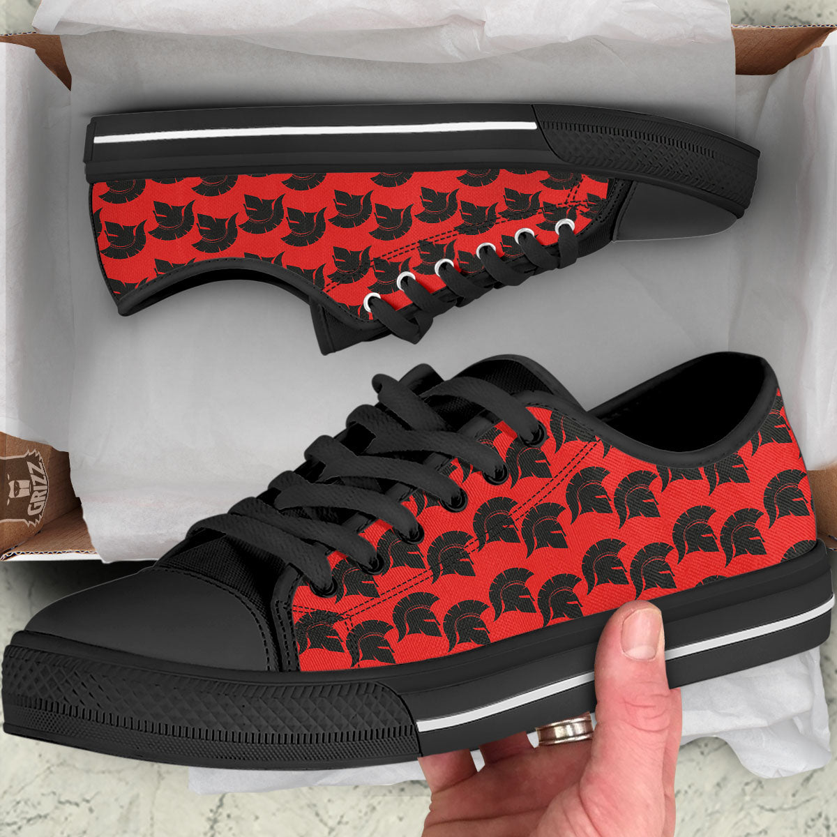 Spartan Red And Black Print Pattern Black Low Top Shoes-grizzshop