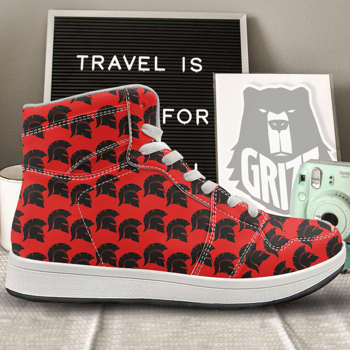 Spartan Red And Black Print Pattern High Top Sneakers-grizzshop