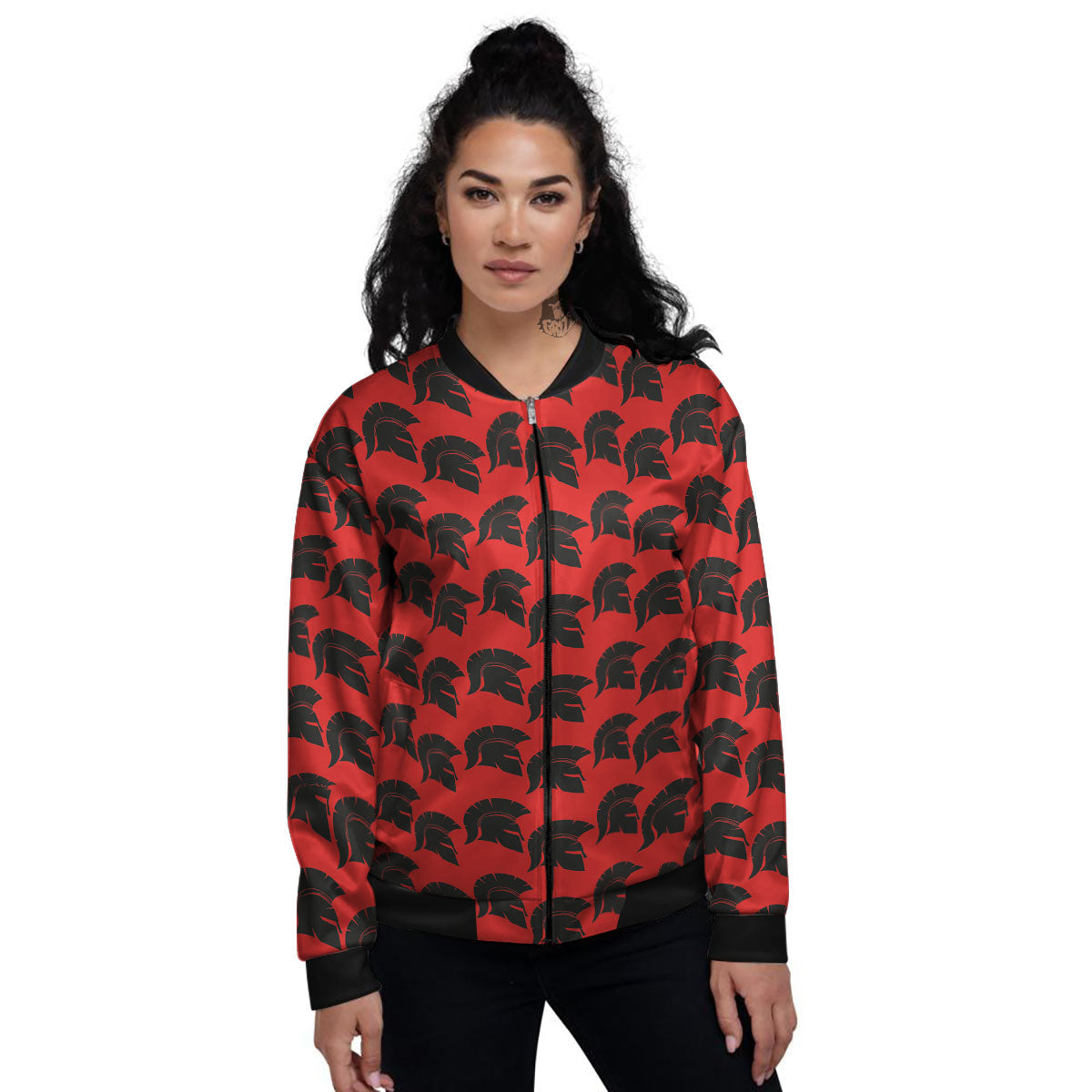Spartan Red And Black Print Pattern Women's Bomber Jacket-grizzshop
