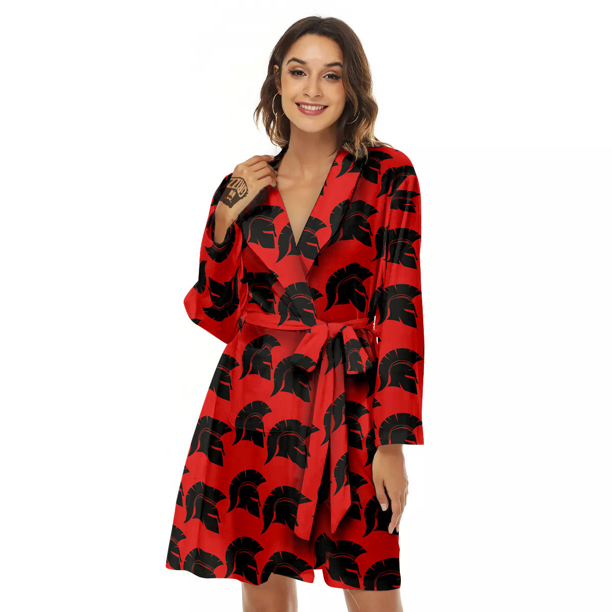 Spartan Red And Black Print Pattern Women's Robe-grizzshop