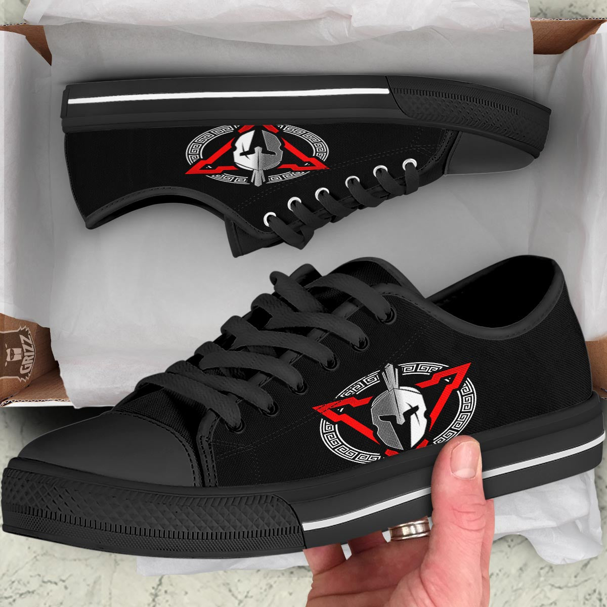 Spartan Red And White Print Black Low Top Shoes-grizzshop