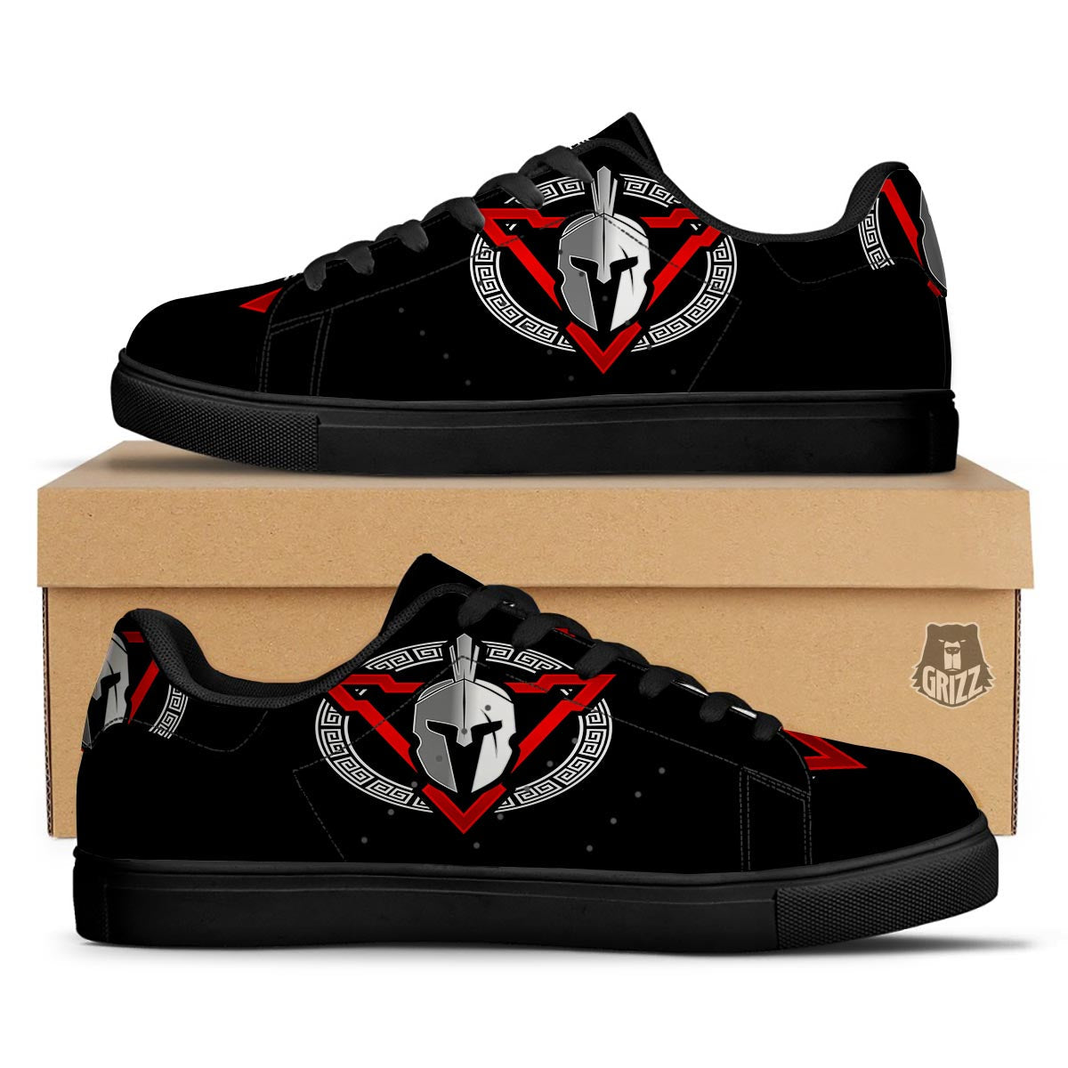 Spartan Red And White Print Black Low Top Sneakers-grizzshop