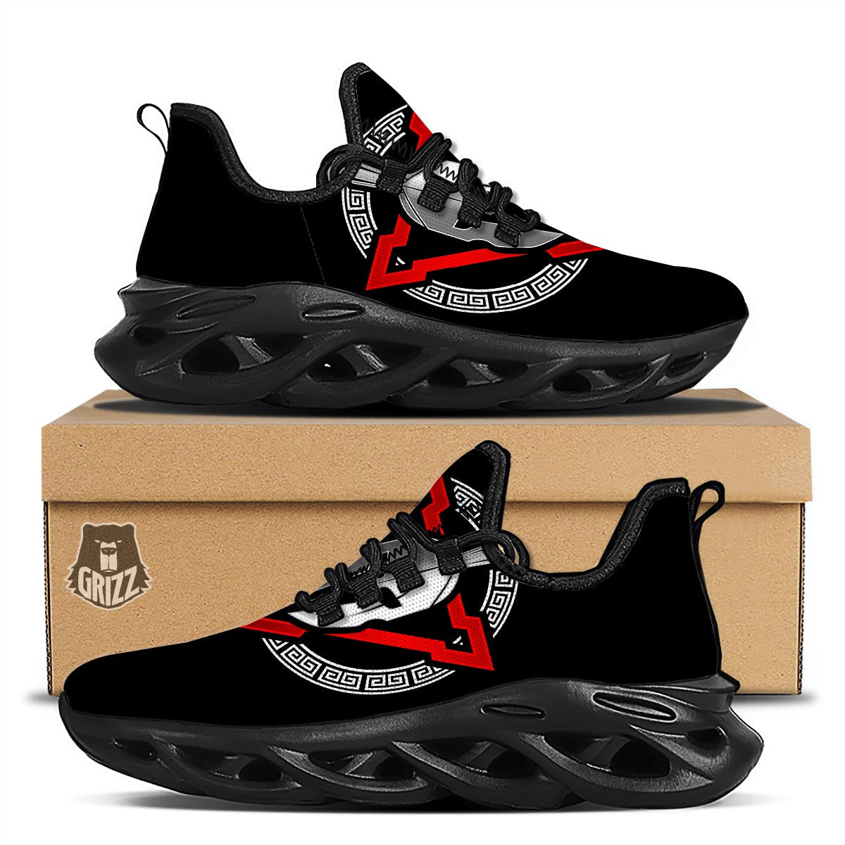 Spartan Red And White Print Black Running Shoes-grizzshop