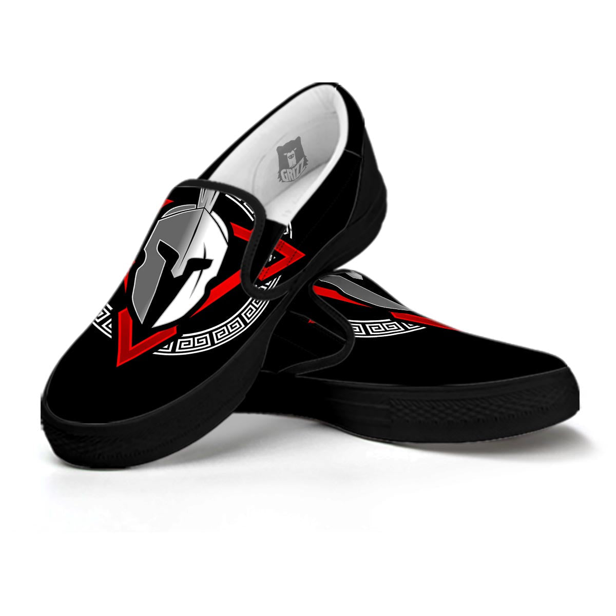 Spartan Red And White Print Black Slip On Shoes-grizzshop