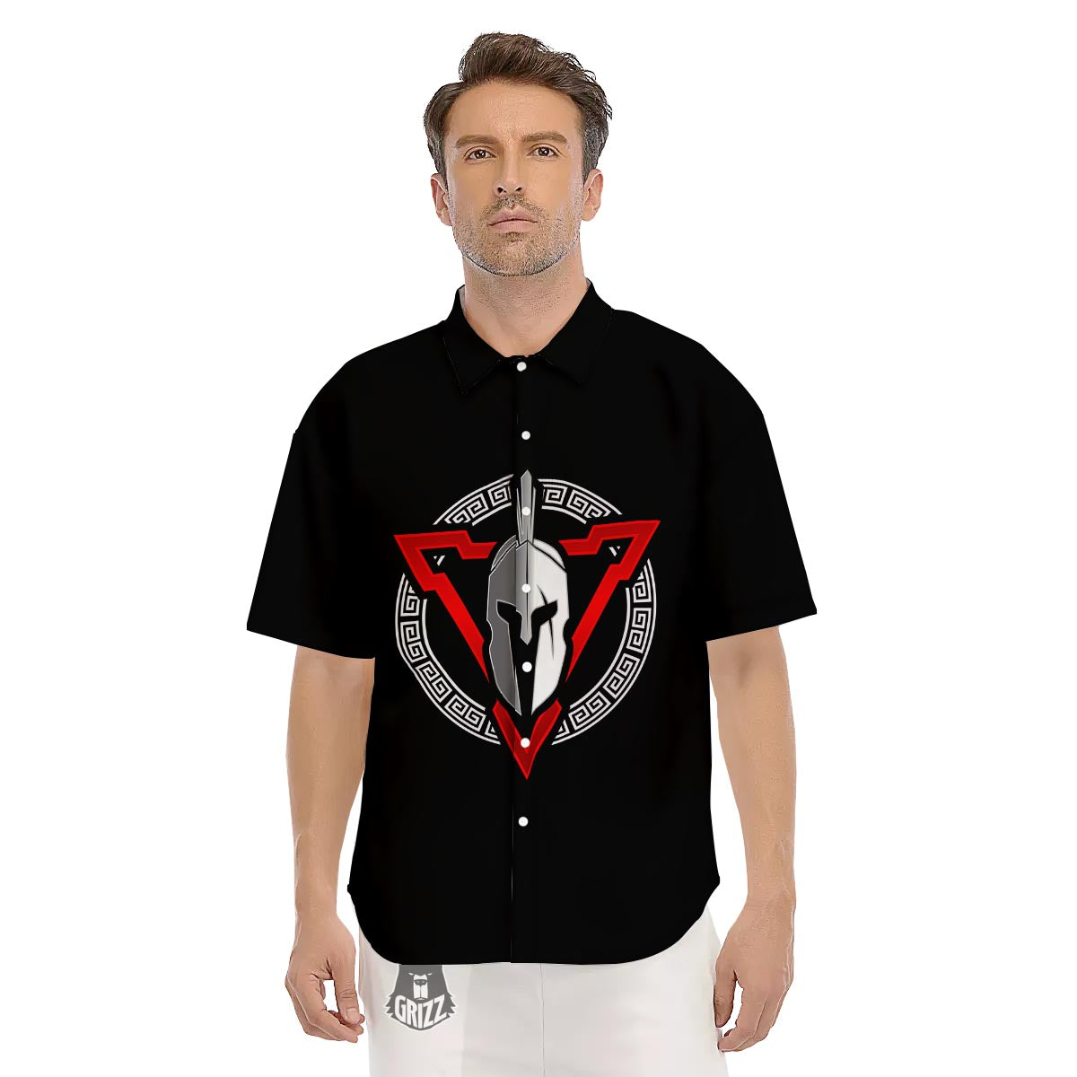 Spartan Red And White Print Men's Short Sleeve Shirts-grizzshop