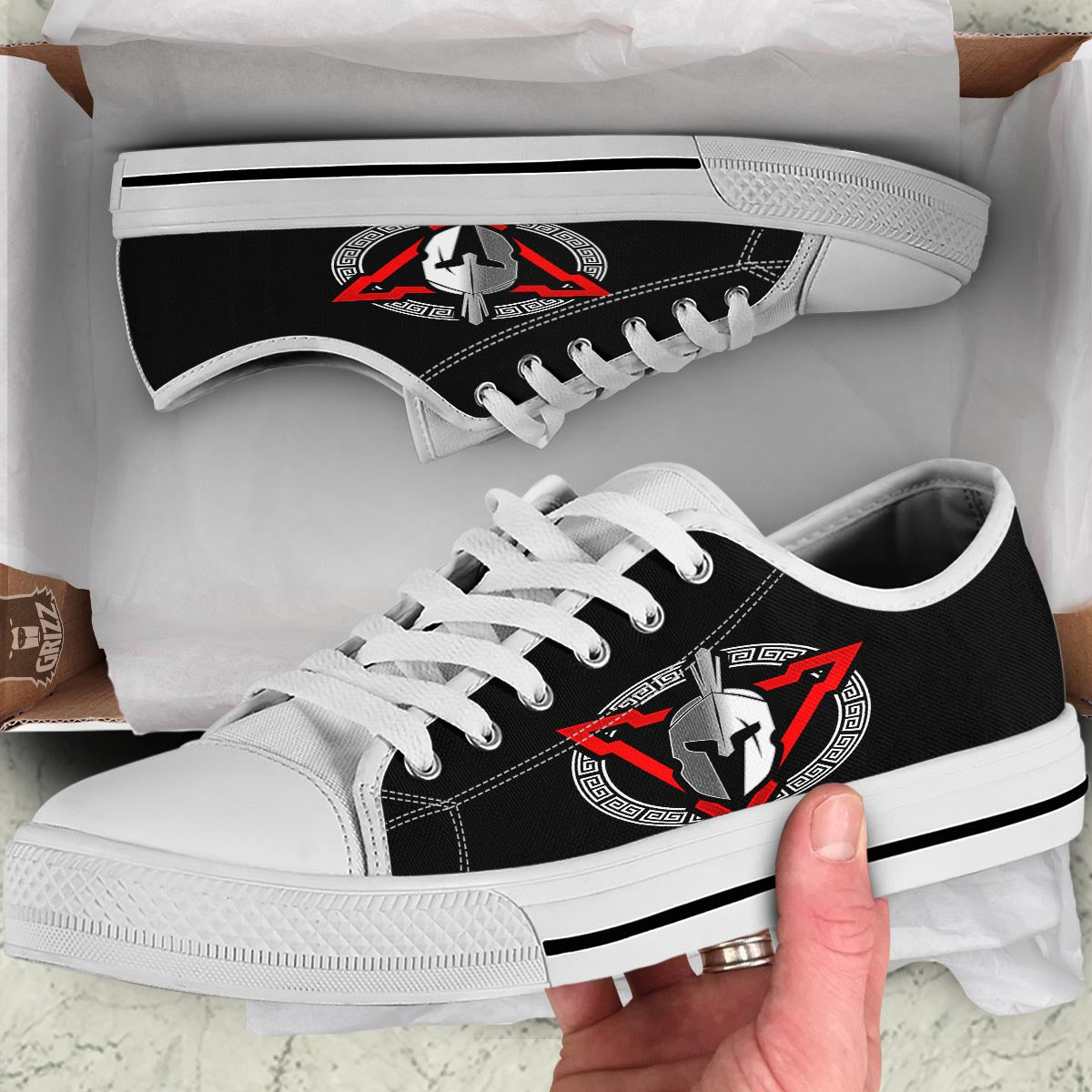 Spartan Red And White Print White Low Top Shoes-grizzshop