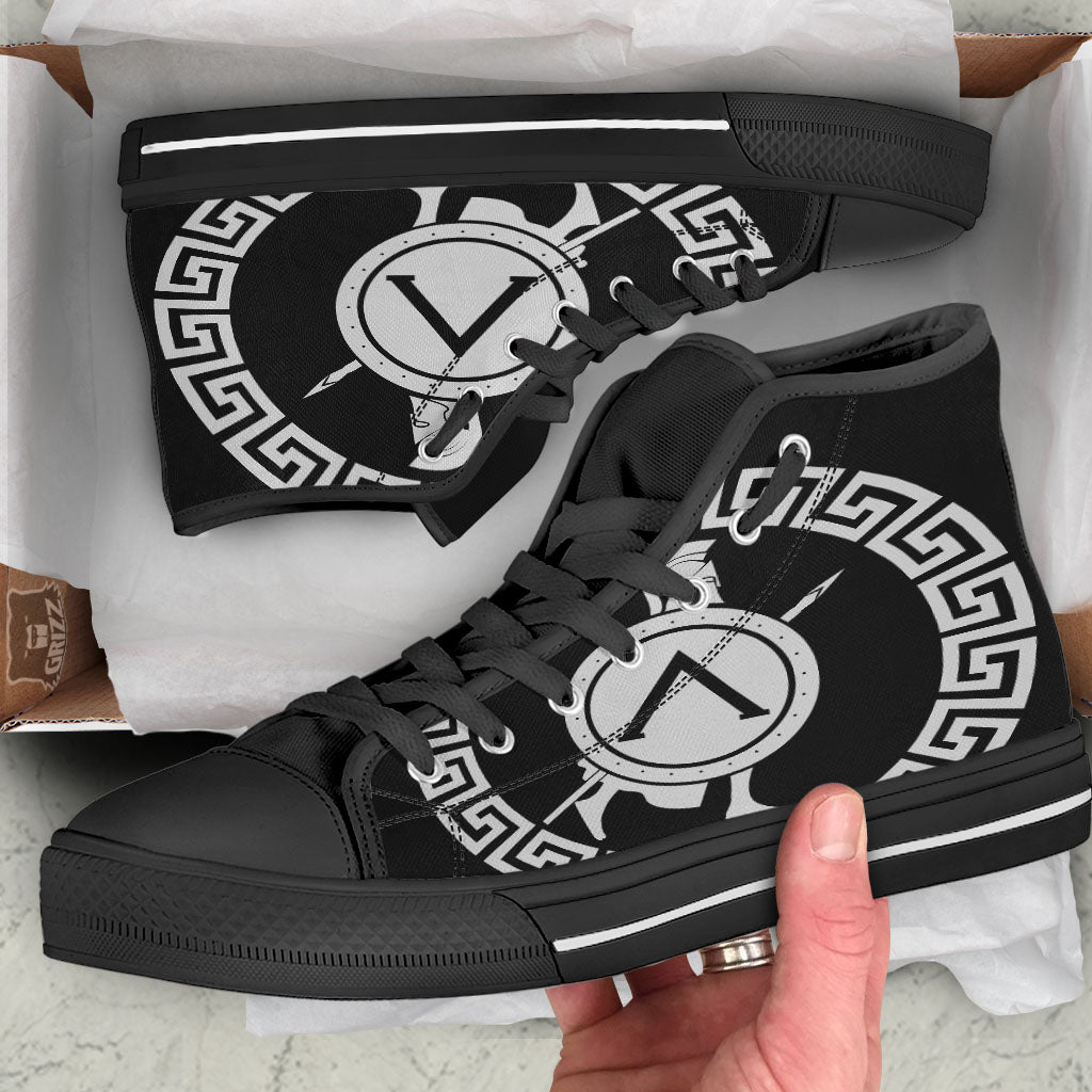 Spartan Warrior White And Black Print Black High Top Shoes-grizzshop