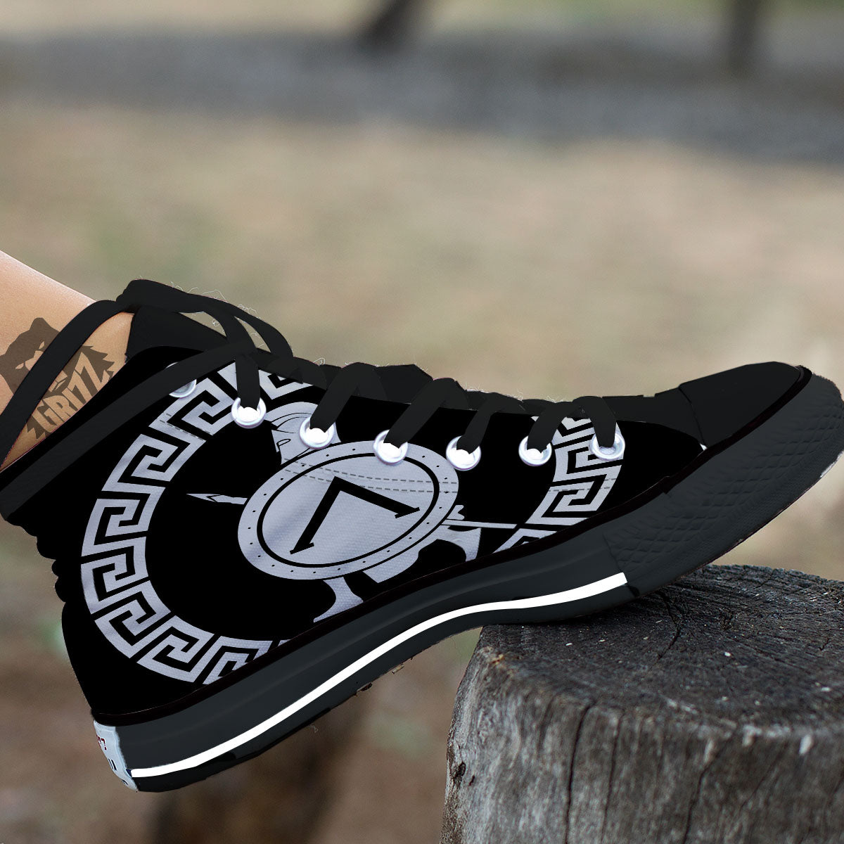 Spartan Warrior White And Black Print Black High Top Shoes-grizzshop