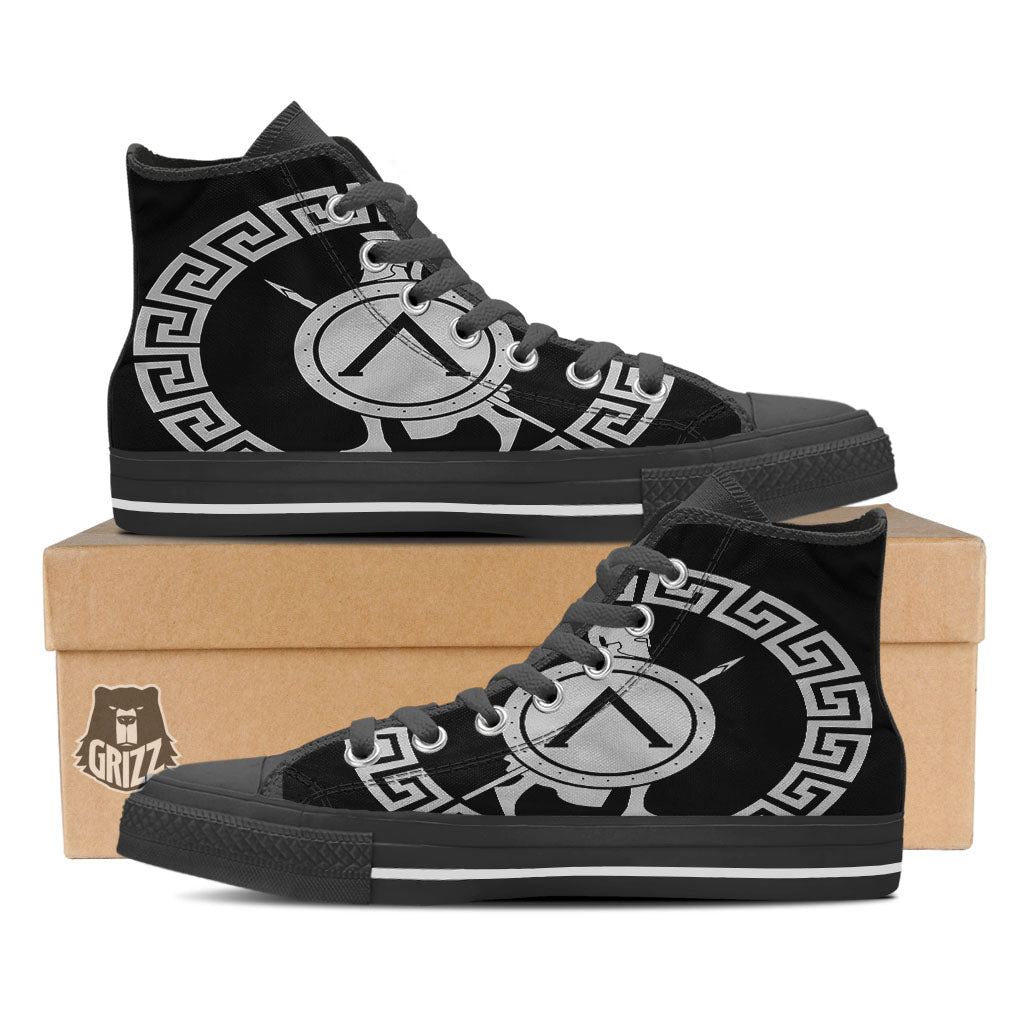 Spartan Warrior White And Black Print Black High Top Shoes-grizzshop