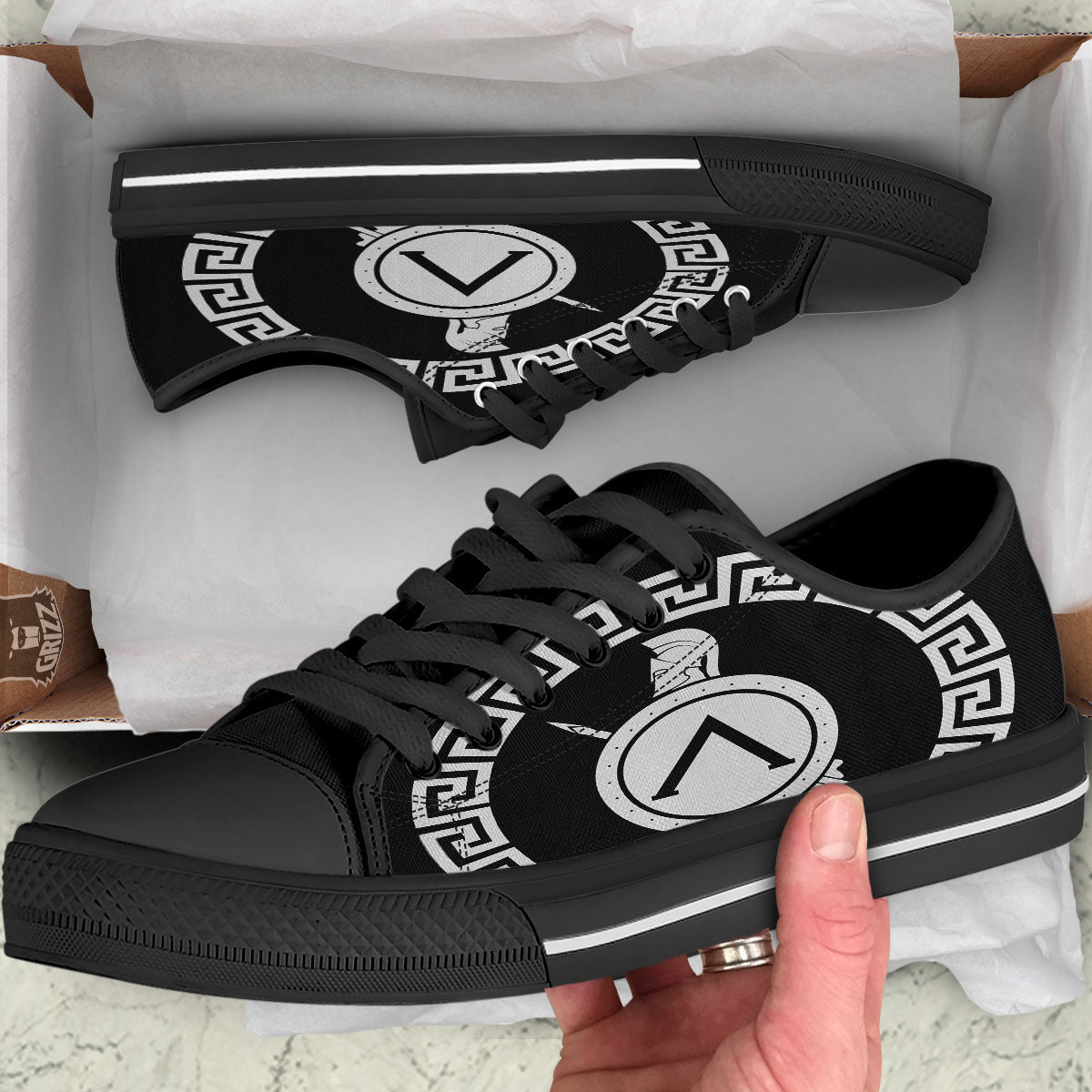 Spartan Warrior White And Black Print Black Low Top Shoes-grizzshop
