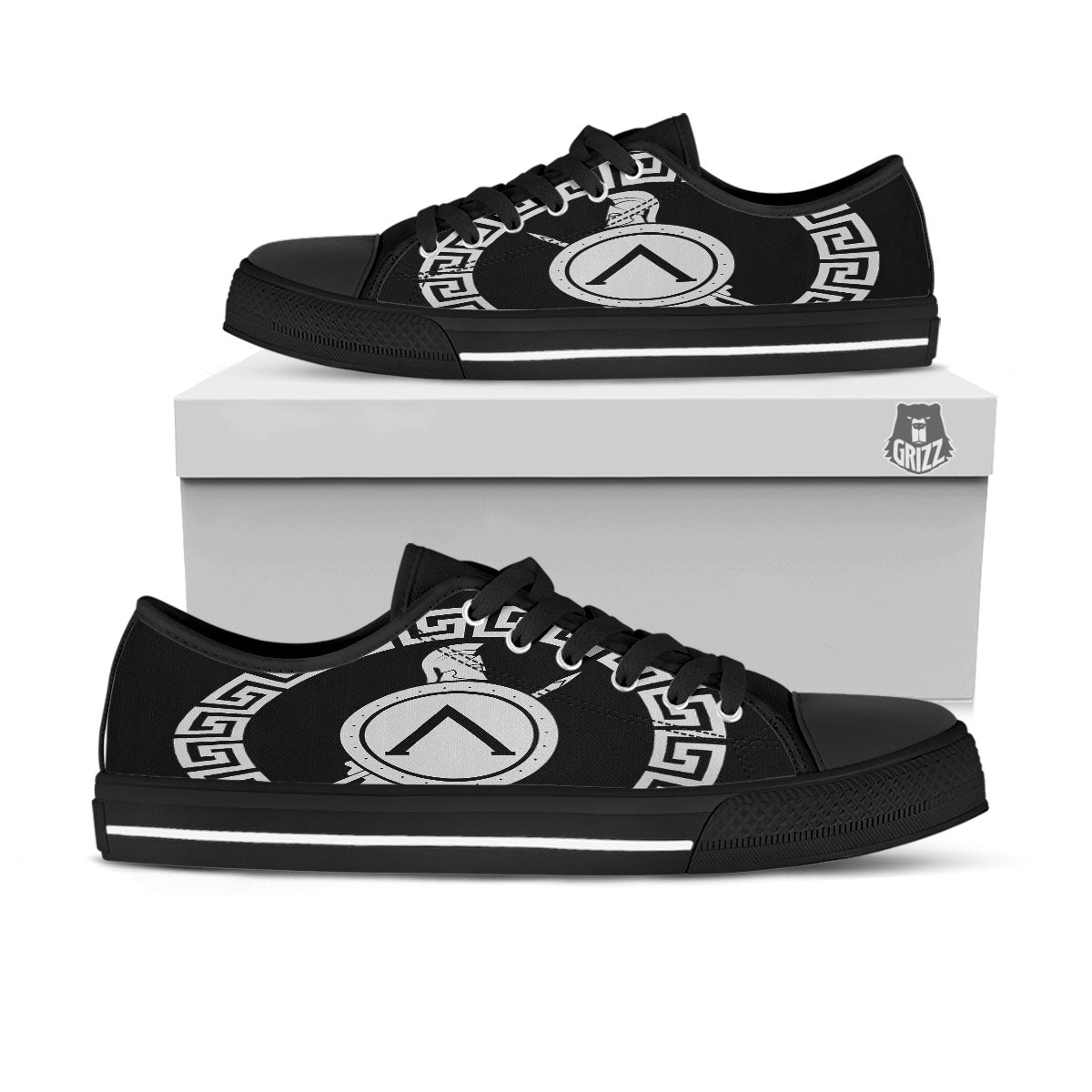 Spartan Warrior White And Black Print Black Low Top Shoes-grizzshop