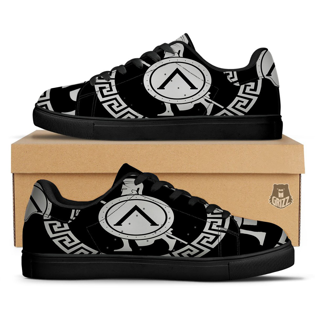 Spartan Warrior White And Black Print Black Low Top Sneakers-grizzshop