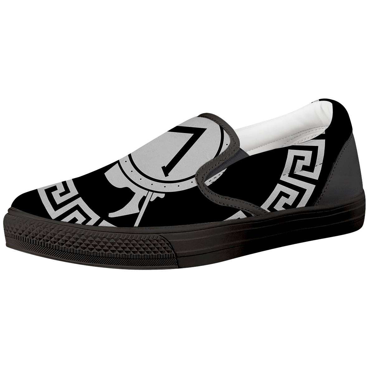 Spartan Warrior White And Black Print Black Slip On Shoes-grizzshop
