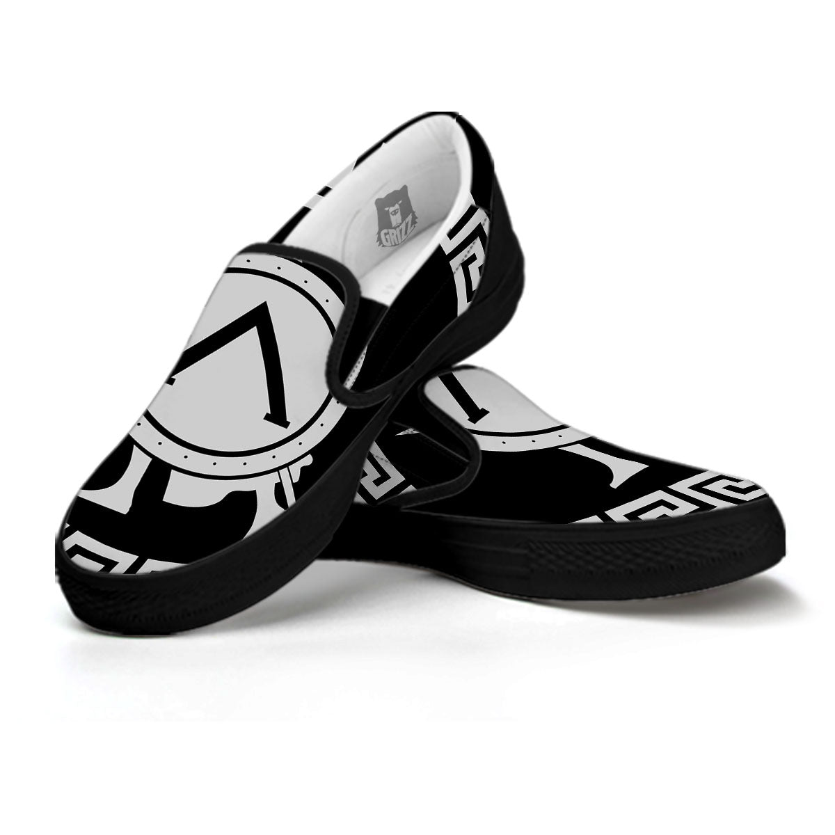 Spartan Warrior White And Black Print Black Slip On Shoes-grizzshop