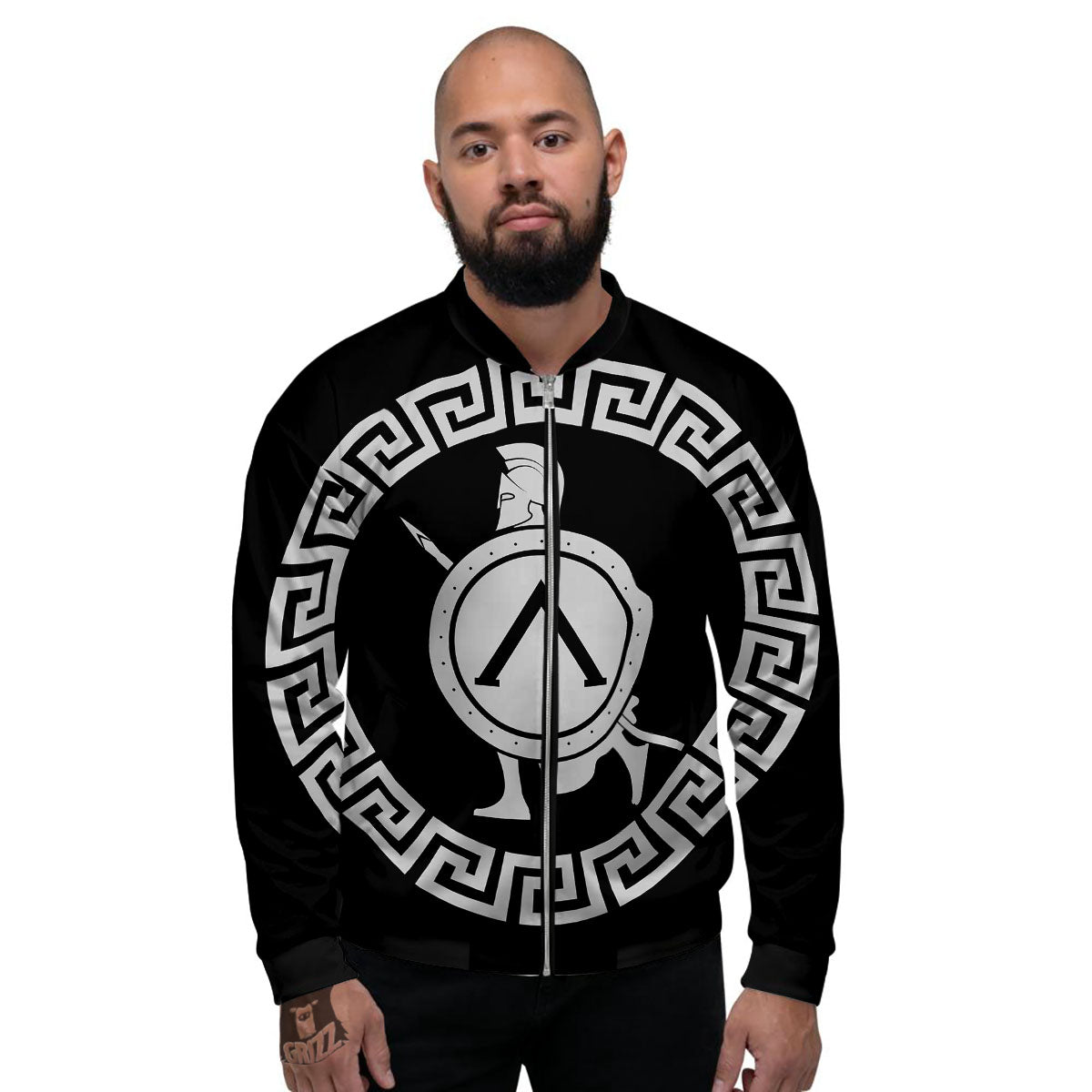 Spartan Warrior White And Black Print Men's Bomber Jacket-grizzshop