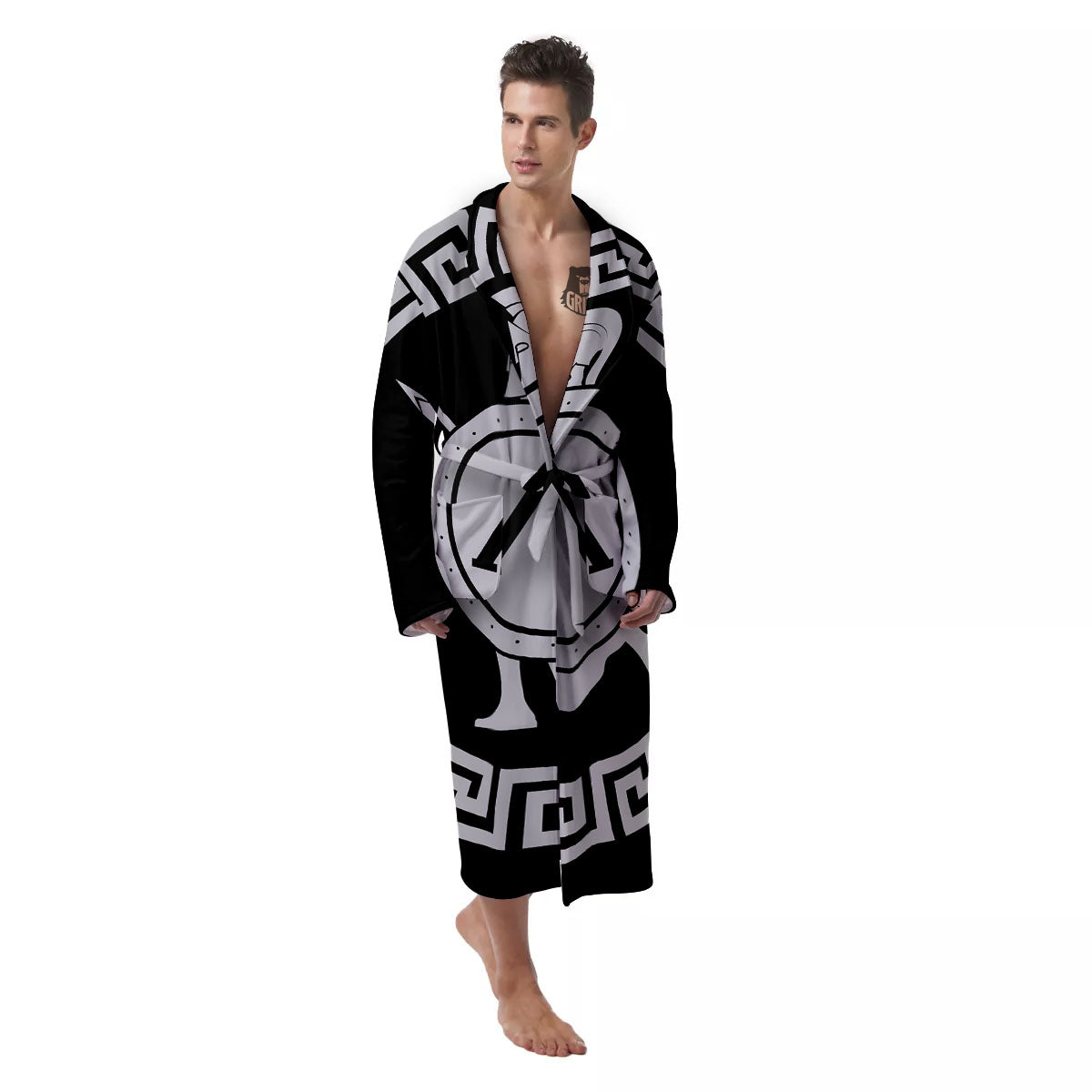 Spartan Warrior White And Black Print Men's Robe-grizzshop