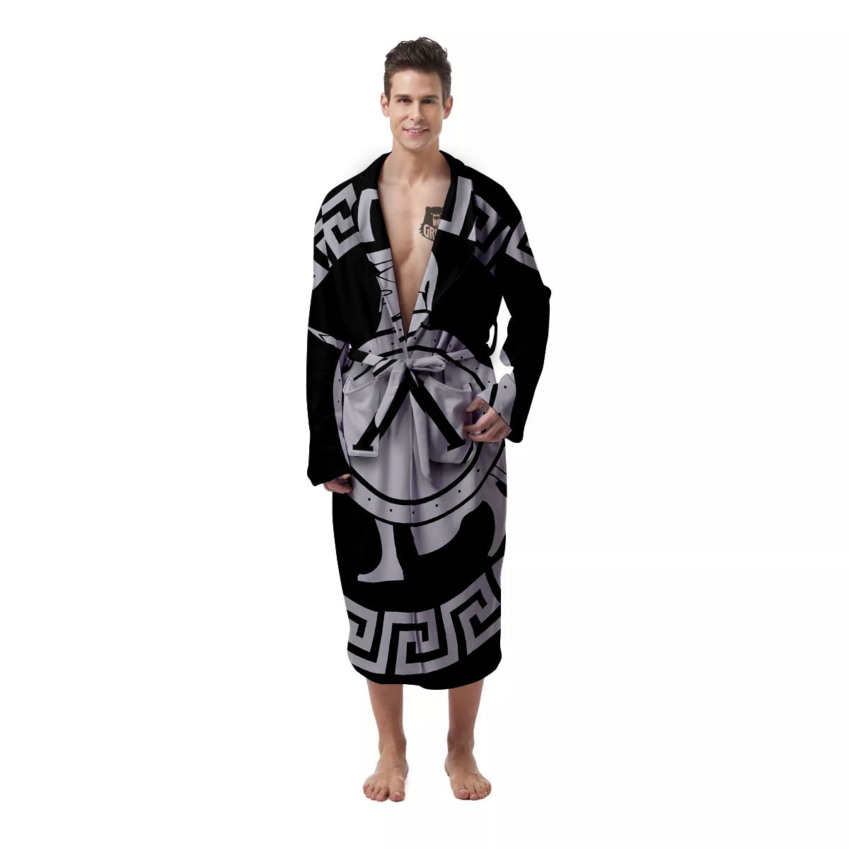 Spartan Warrior White And Black Print Men's Robe-grizzshop
