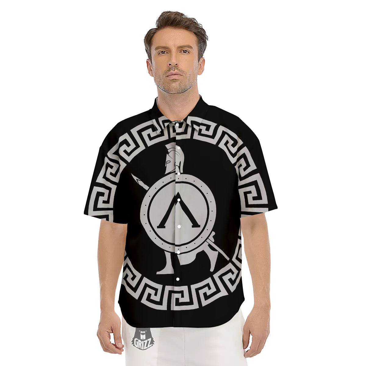 Spartan Warrior White And Black Print Men's Short Sleeve Shirts-grizzshop