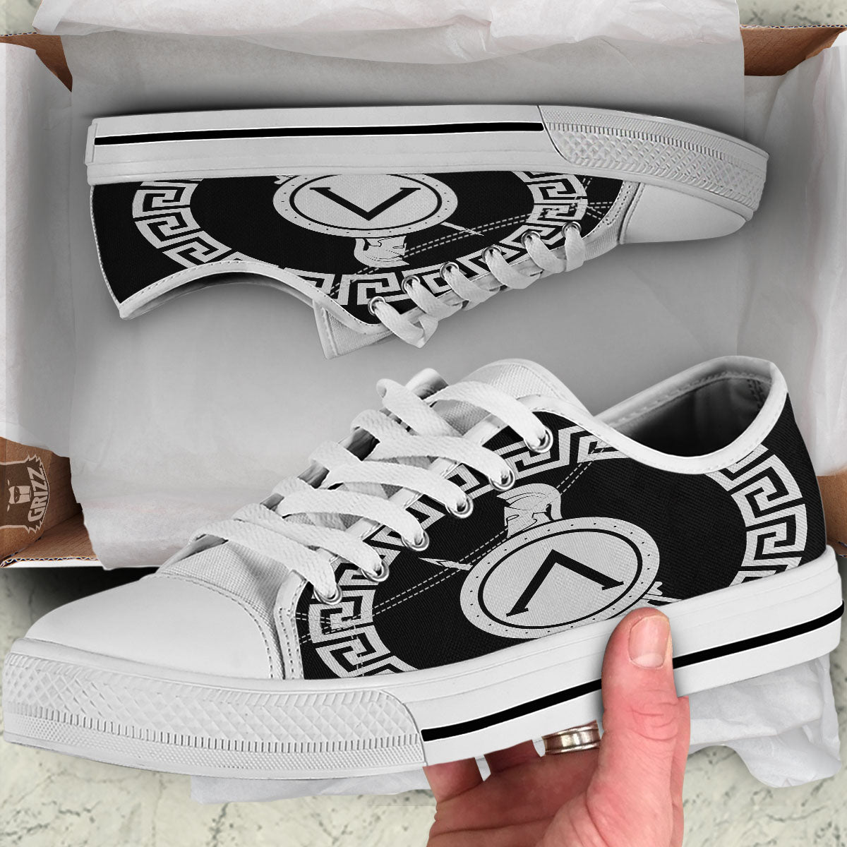 Spartan Warrior White And Black Print White Low Top Shoes-grizzshop
