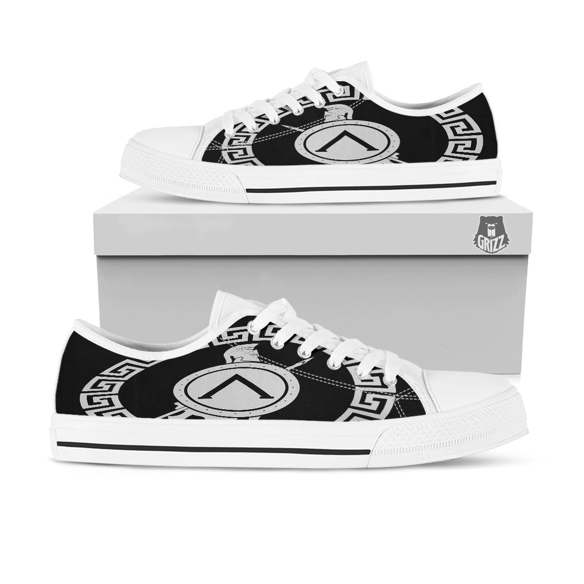 Spartan Warrior White And Black Print White Low Top Shoes-grizzshop