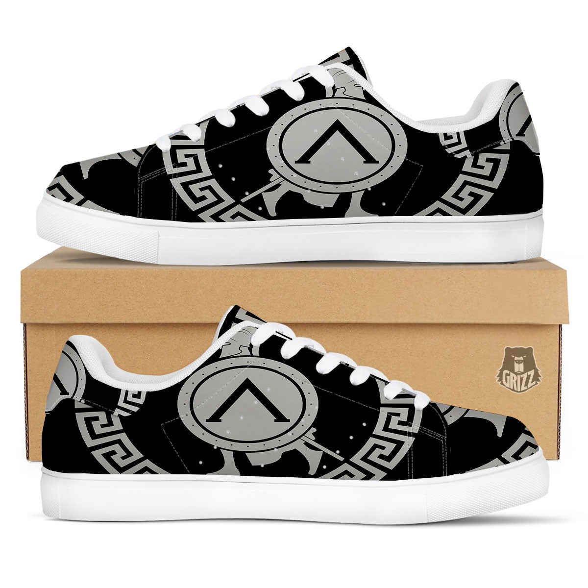 Spartan Warrior White And Black Print White Low Top Sneakers-grizzshop