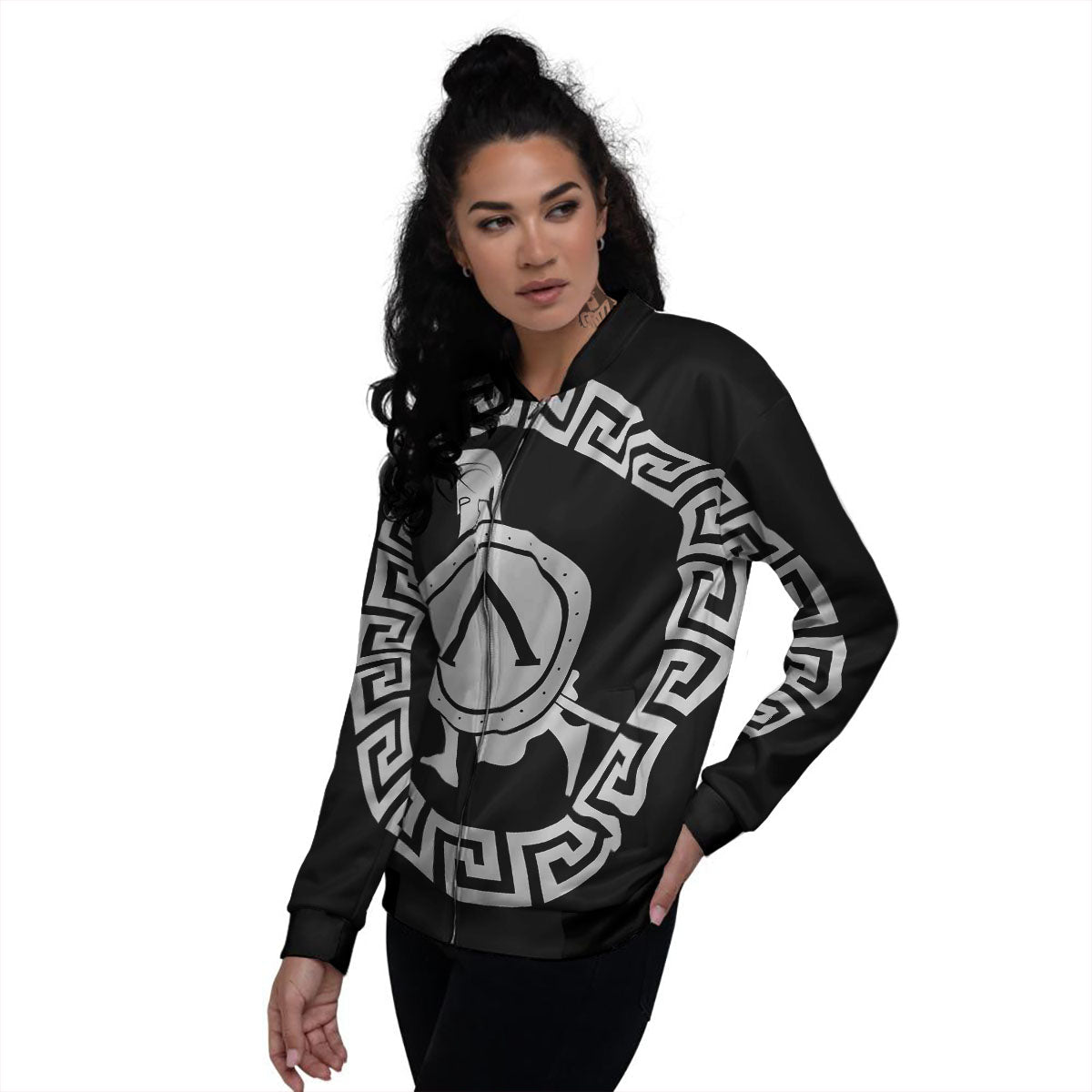 Spartan Warrior White And Black Print Women's Bomber Jacket-grizzshop