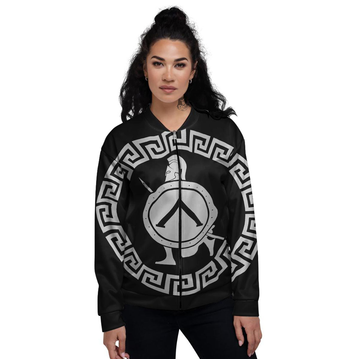 Spartan Warrior White And Black Print Women's Bomber Jacket-grizzshop
