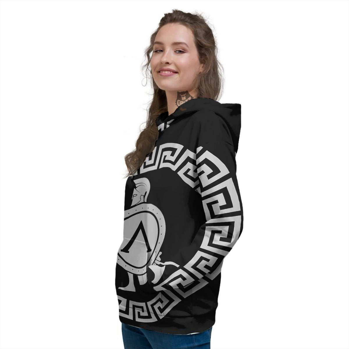 Spartan Warrior White And Black Print Women's Hoodie-grizzshop