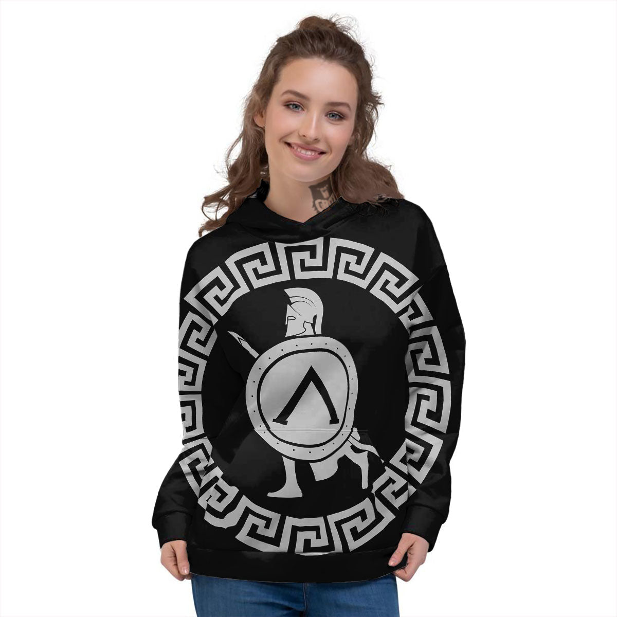 Spartan Warrior White And Black Print Women's Hoodie-grizzshop