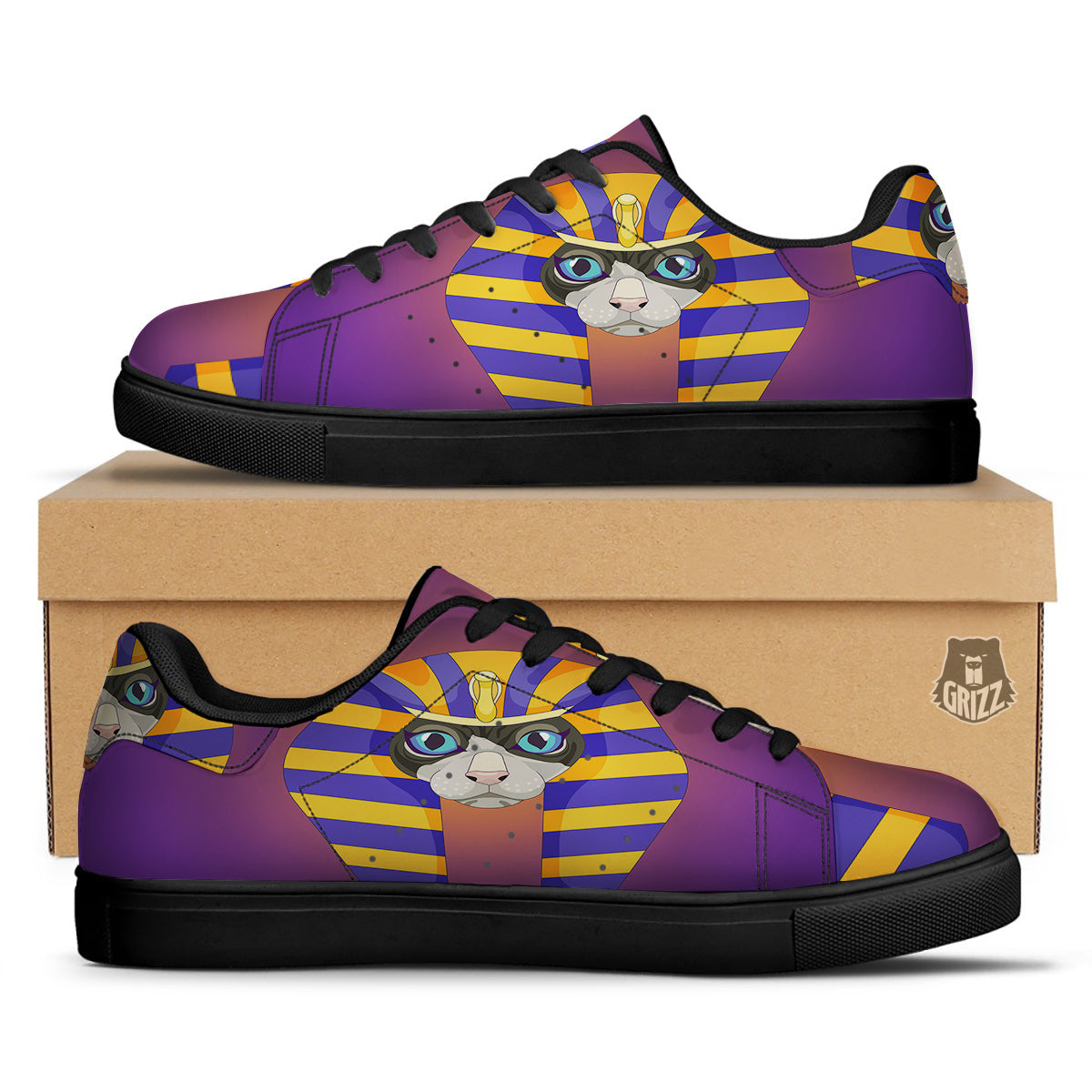 Sphynx Cat Pharaoh Print Black Low Top Sneakers-grizzshop