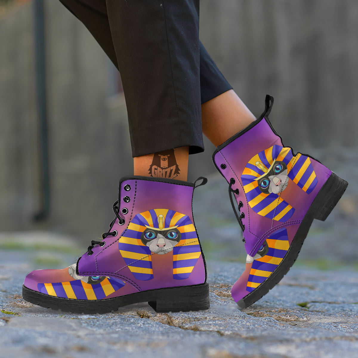 Sphynx Cat Pharaoh Print Leather Boots-grizzshop