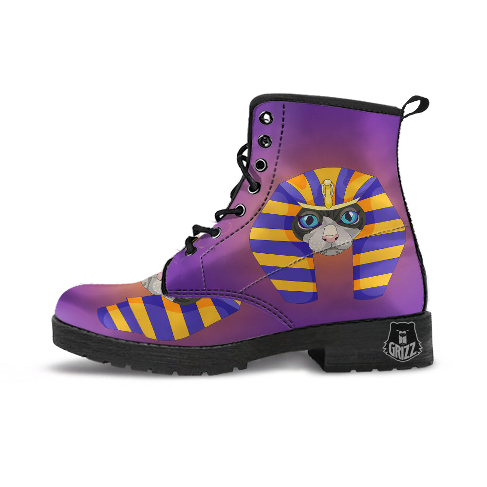 Sphynx Cat Pharaoh Print Leather Boots-grizzshop