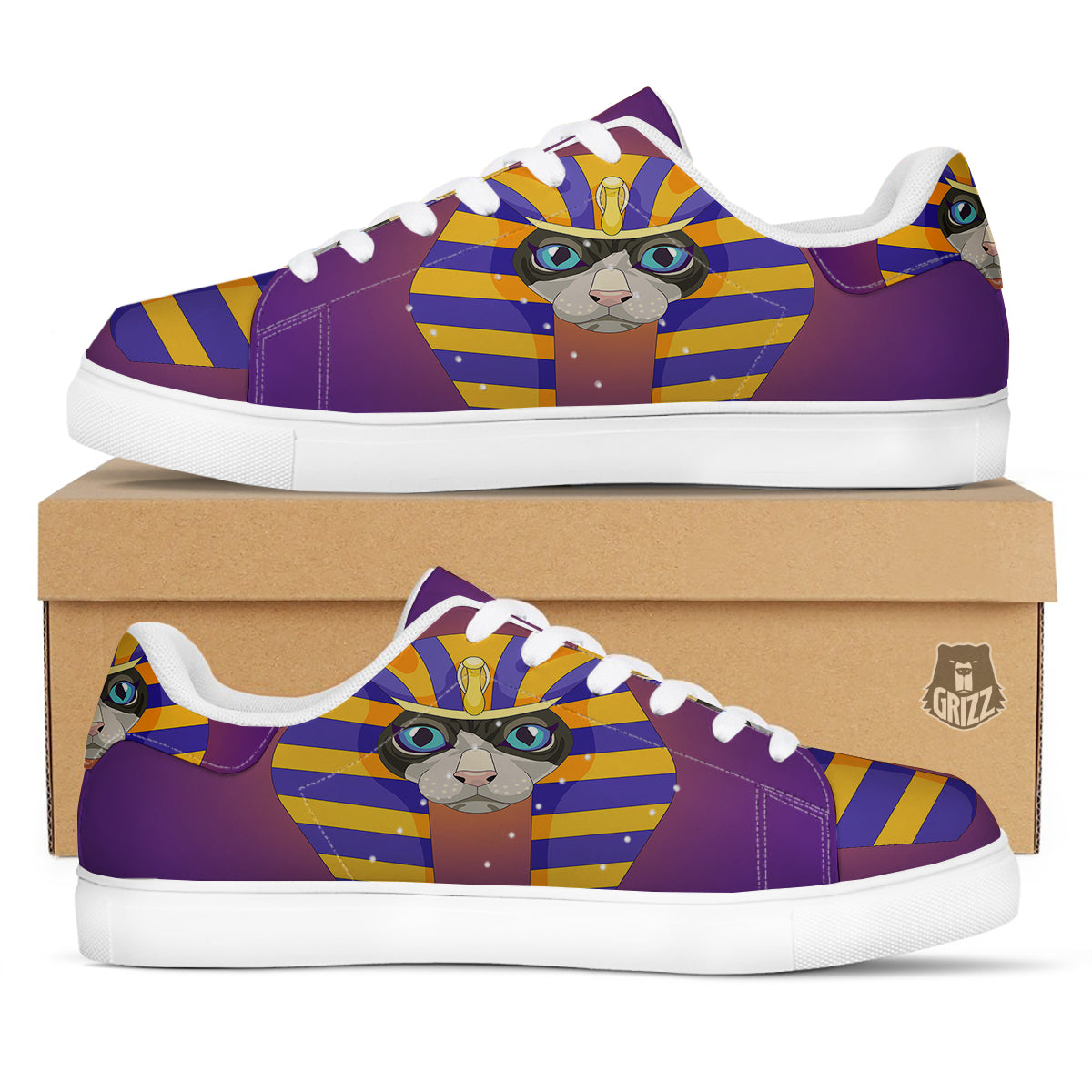 Sphynx Cat Pharaoh Print White Low Top Sneakers-grizzshop