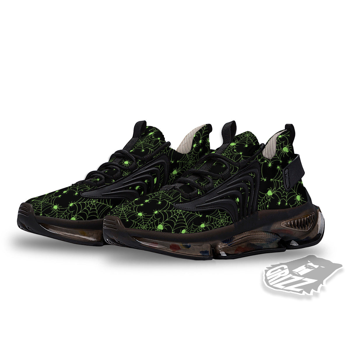 Spider Black And Green Neon Spider Web Print Pattern Black Gym Shoes-grizzshop