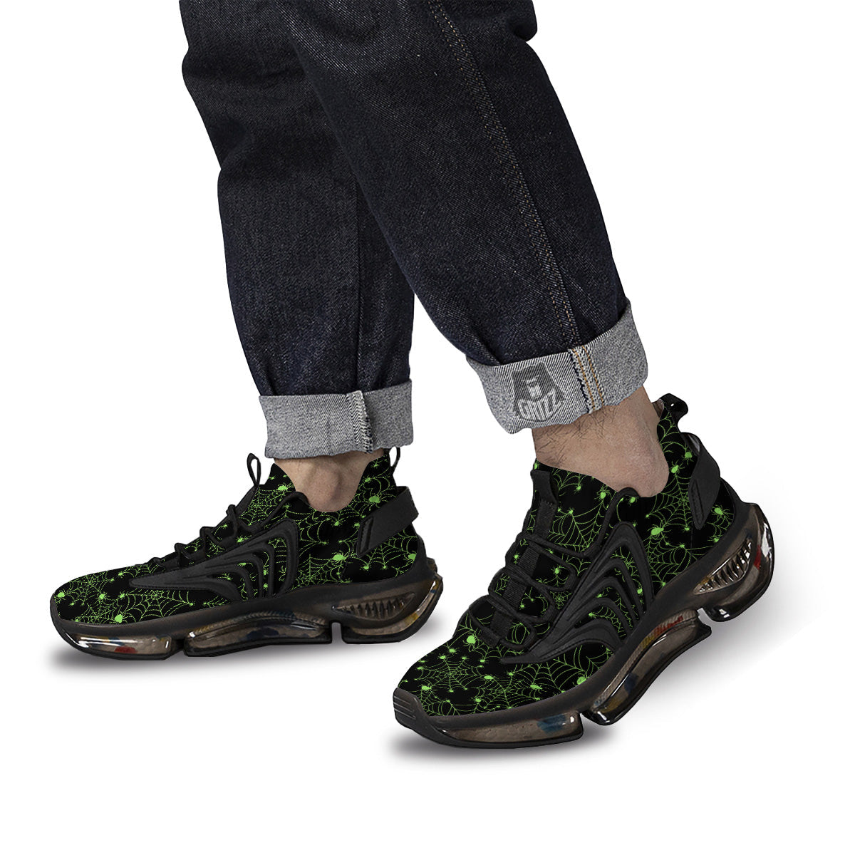 Spider Black And Green Neon Spider Web Print Pattern Black Gym Shoes-grizzshop