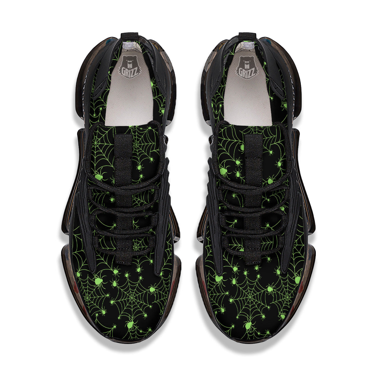 Spider Black And Green Neon Spider Web Print Pattern Black Gym Shoes-grizzshop