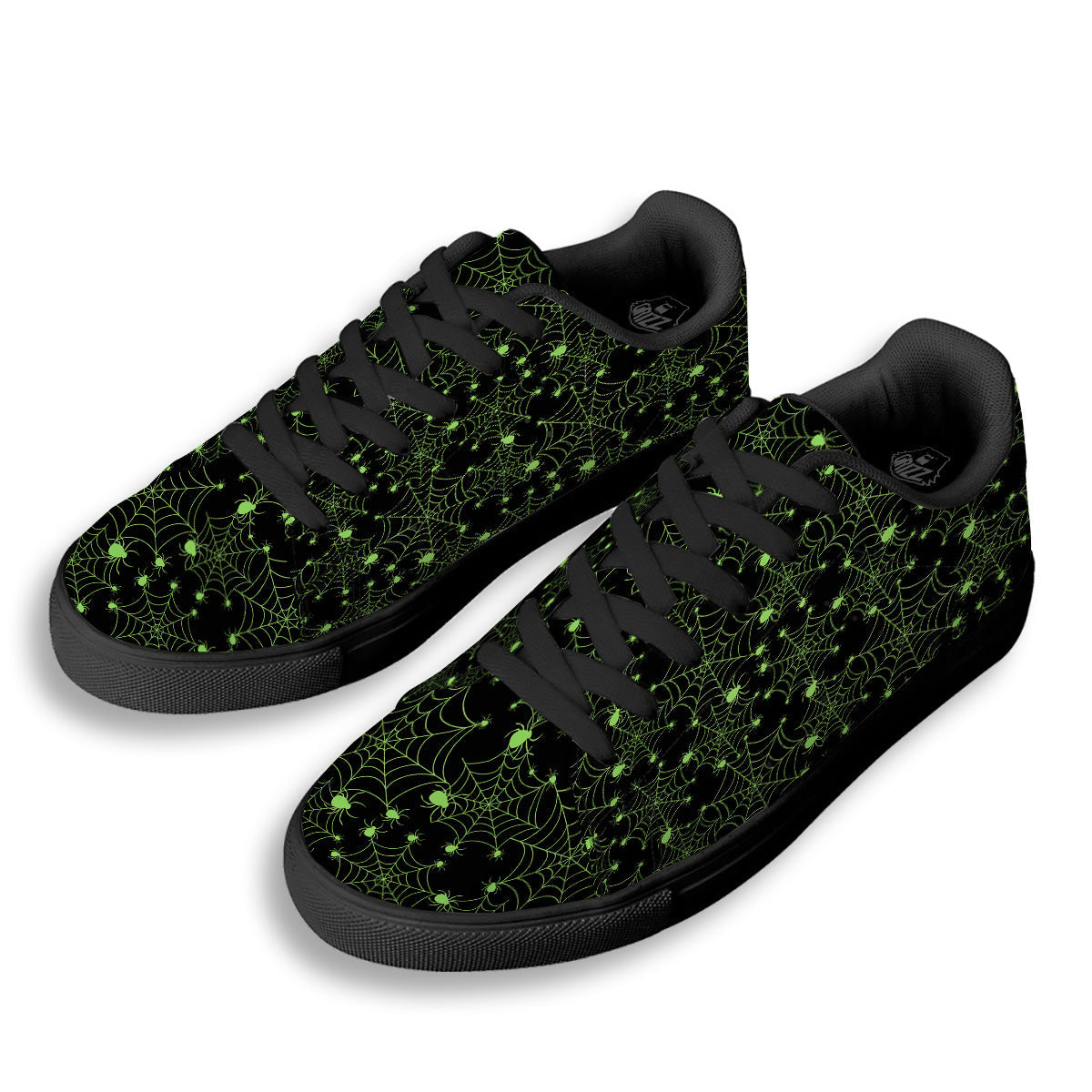Spider Black And Green Neon Spider Web Print Pattern Black Low Top Sneakers-grizzshop