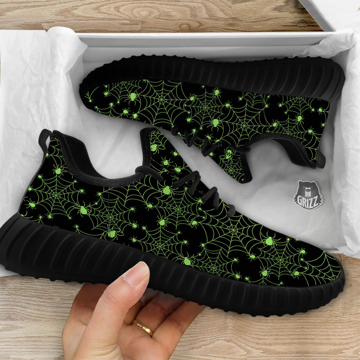 Spider Black And Green Neon Spider Web Print Pattern Black Walking Shoes-grizzshop